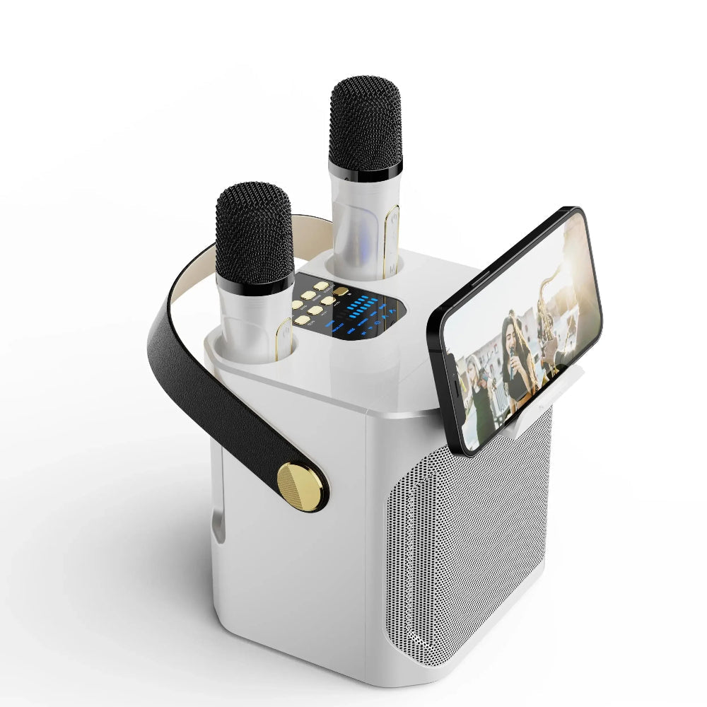 Przenośny system karaoke z dźwiękiem 360°, dwoma mikrofonami bezprzewodowymi i Bluetooth. Idealny na imprezy.