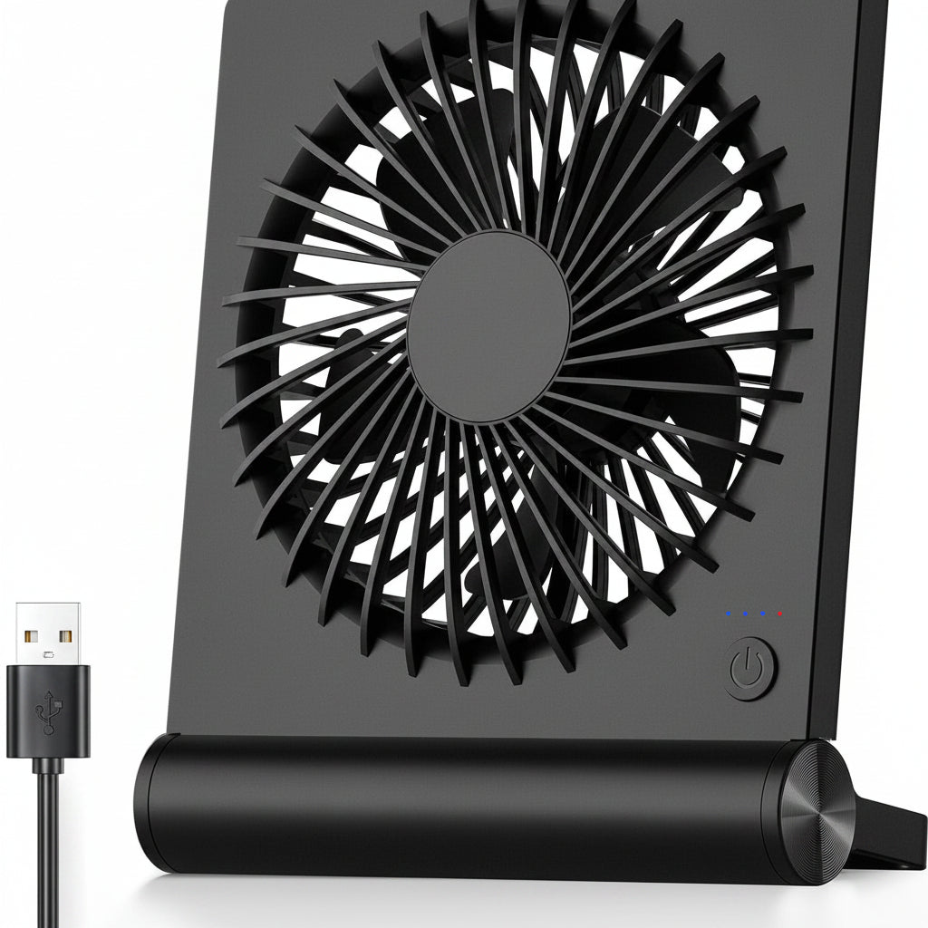 Kompaktowy wentylator USB do biurka. Cichy i energooszczędny, zapewnia komfortowe chłodzenie osobiste.