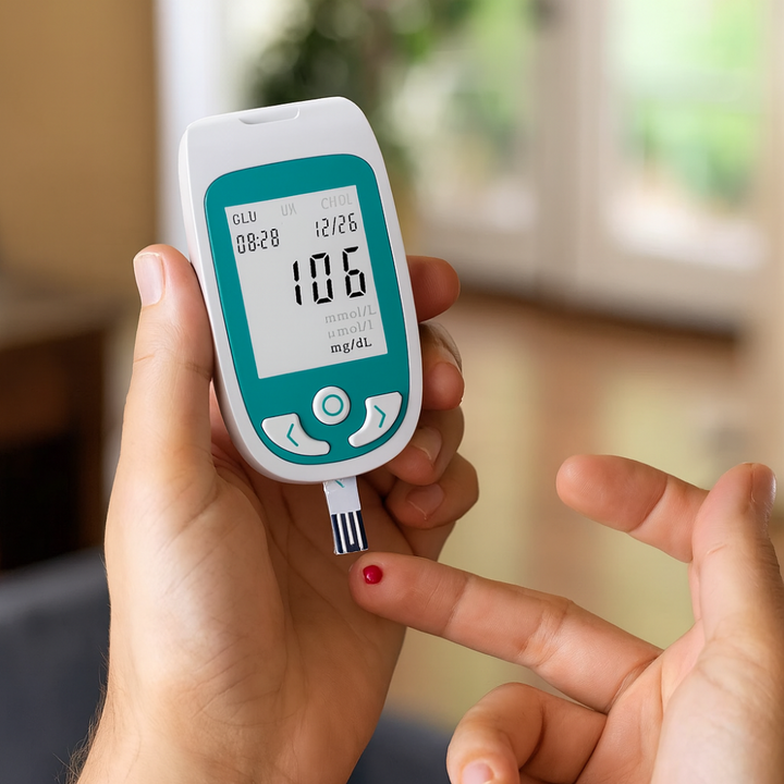 Zestaw diagnostyczny do szybkiego pomiaru glukozy i cholesterolu. Przenośny monitor zdrowia do domu.