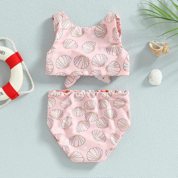 Dwuczęściowe bikini dziecięce z wysokim stanem i modnym wiązanym topem, komfortowe na plażę i basen.