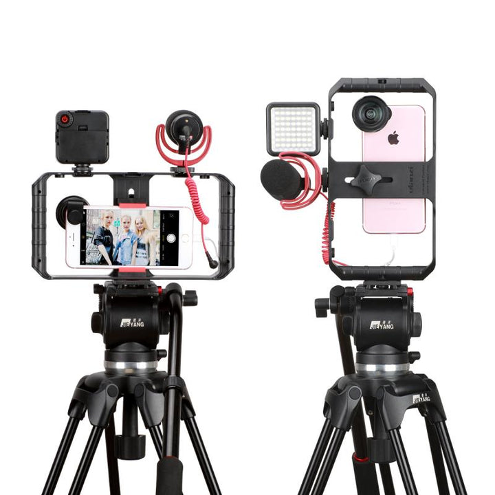 Stabilizator wideo do smartfona umieszczony na statywie w orientacji poziomej i pionowej