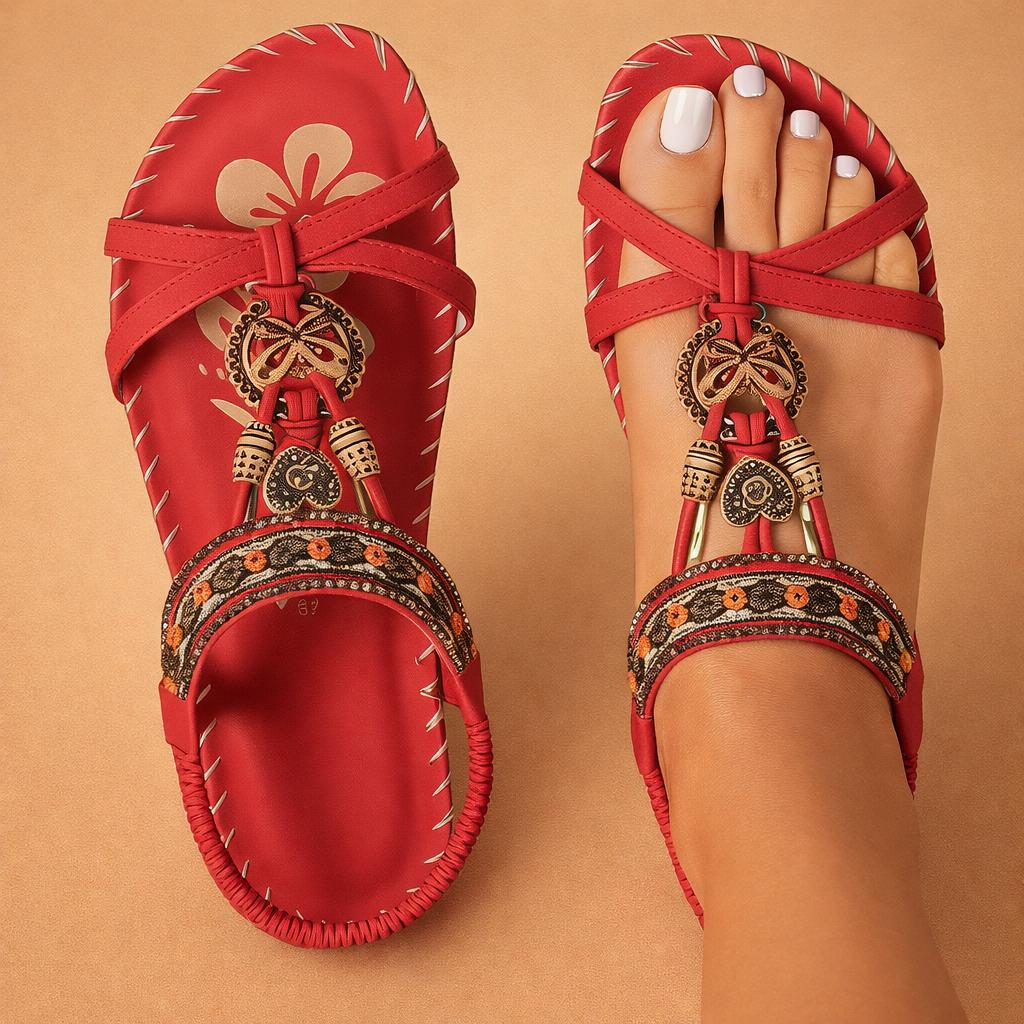 Czerwone damskie sandały płaskie w stylu boho z artystycznymi detalami