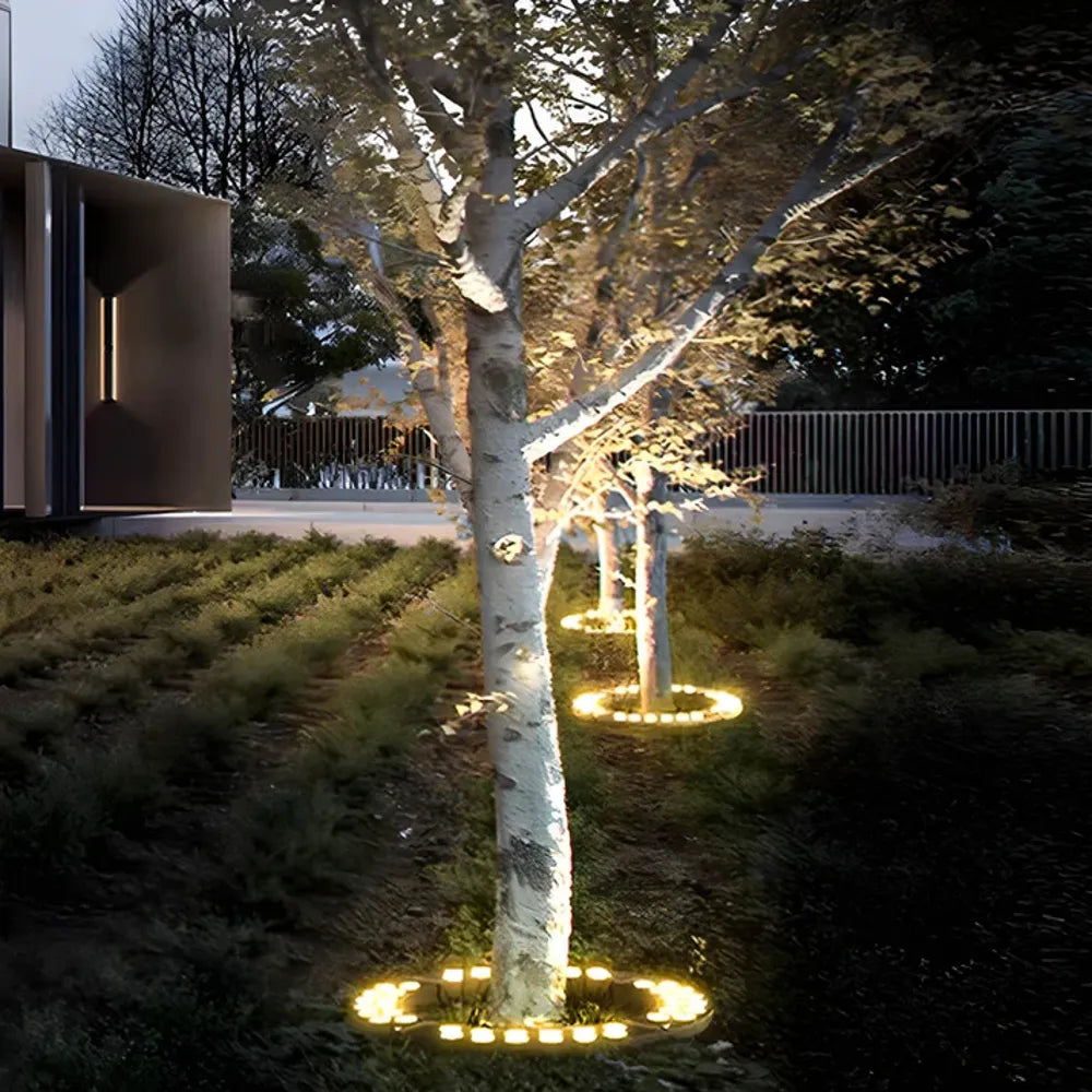 Punktowe światło LED podkreślające drzewo w ogrodzie. Odporny na pogodę reflektor do zewnętrznej dekoracji krajobrazu.