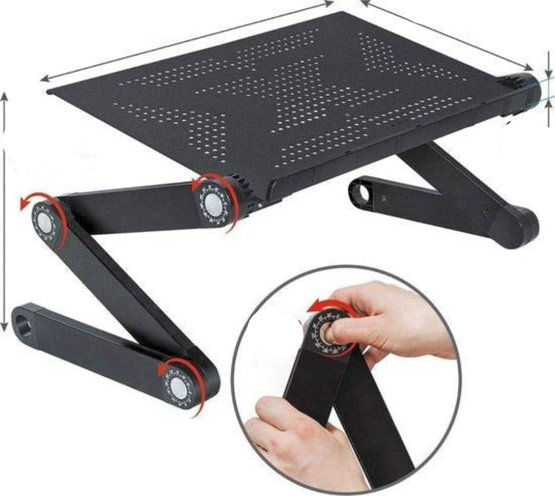 Lekki, aluminiowy stojak na laptopa, idealny jako przenośne biurko dla komfortowej pracy zdalnej.