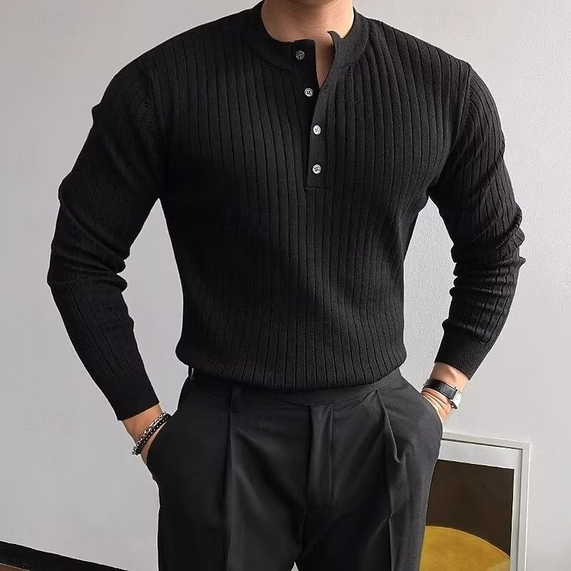Męski czarny sweter henley z prążkowanej dzianiny