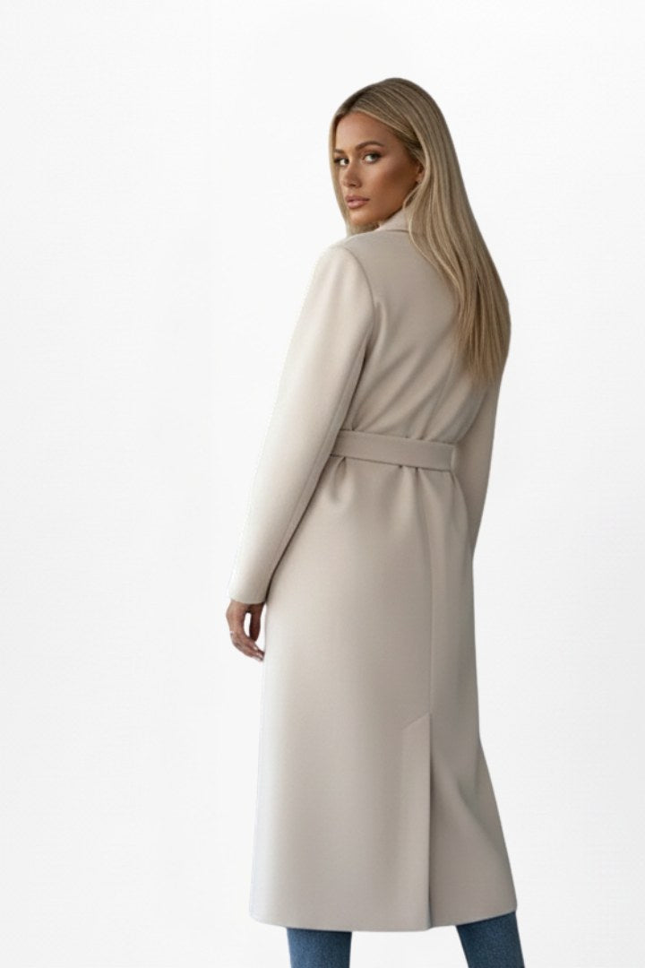Elegancki damski płaszcz midi dwurzędowy z wiązanym paskiem w talii