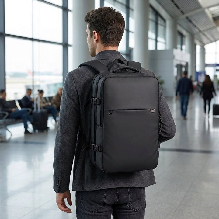 Rozszerzalny plecak podróżny Safepackr z kieszenią na laptopa, idealny dla mężczyzn i kobiet, wodoodporny, czarny.