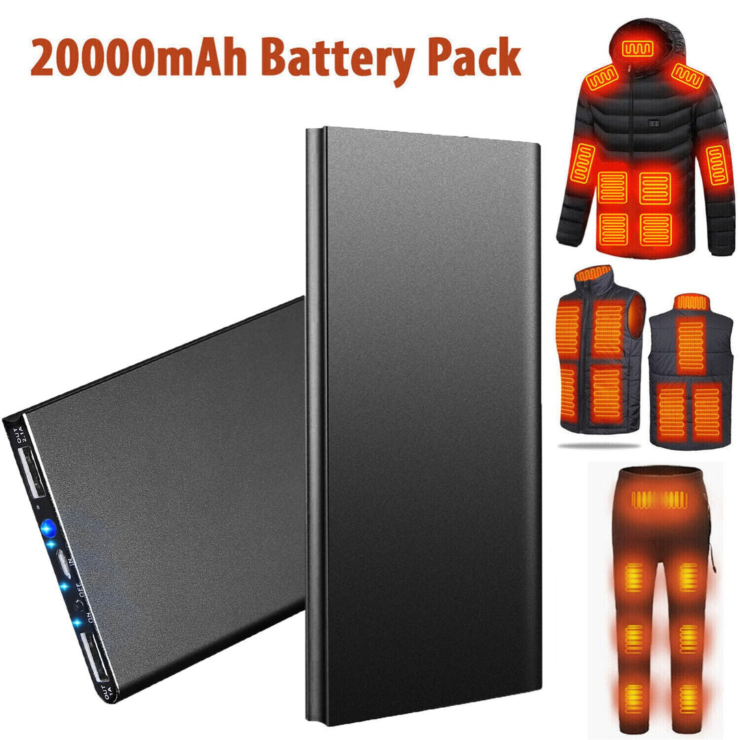 Przenośny power bank 20000mAh w kolorze czarnym z widocznymi portami USB i wskaźnikami LED