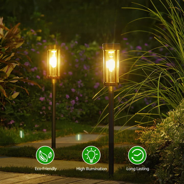 Praktyczna lampa ogrodowa solarna LED, bezprzewodowa, na kołku, idealna do oświetlenia ścieżek w ogrodzie.