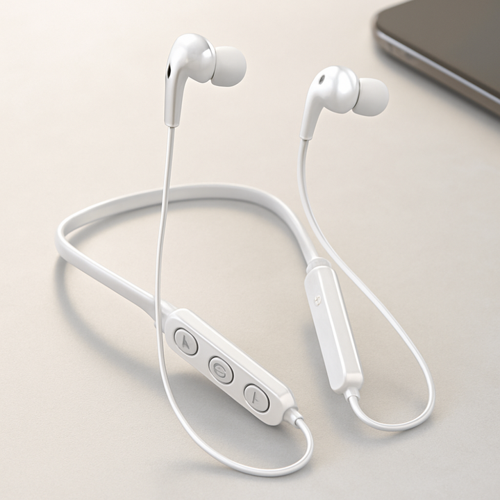 Czarne słuchawki sportowe Bluetooth douszne. Wygodny pałąk na szyję dla stabilności podczas ruchu.