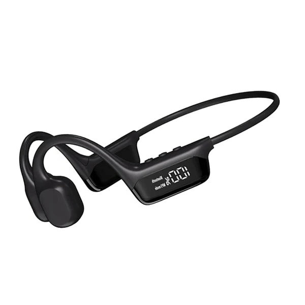 Słuchawki z przewodnictwem kostnym, otwarte uszy, z wyświetlaczem LED i Bluetooth. Idealne dla sportowców.