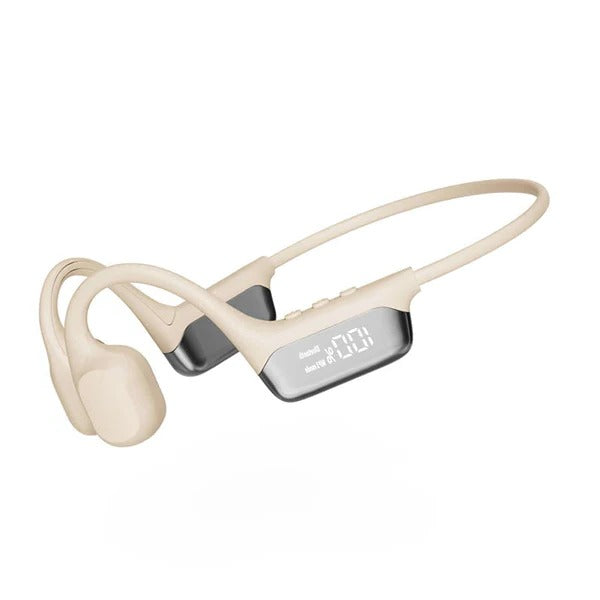 Słuchawki Bluetooth z przewodnictwem kostnym, 32GB pamięci, wyświetlacz LED. Świetne na podróże i sport.