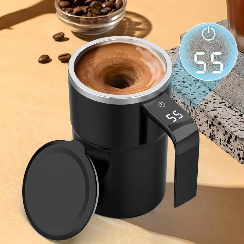 Samomieszający kubek USB ze stali nierdzewnej, idealny do kawy i herbaty, z wyświetlaczem temperatury. Przenośny gadżet.