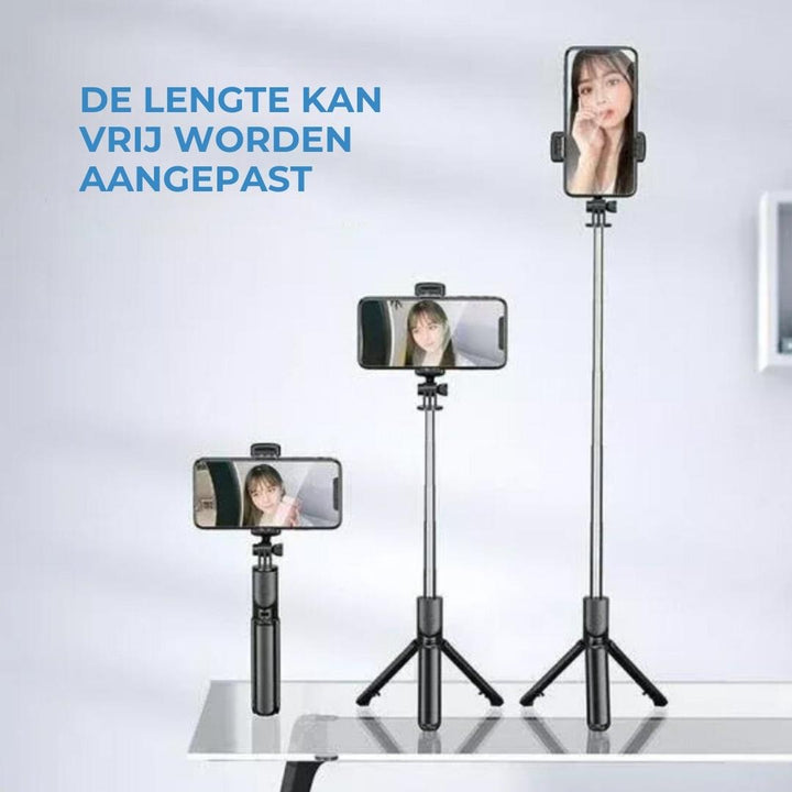 Stabilny statyw do smartfona i selfie stick z bezprzewodowym pilotem Bluetooth, ułatwia nagrywanie i zdjęcia.