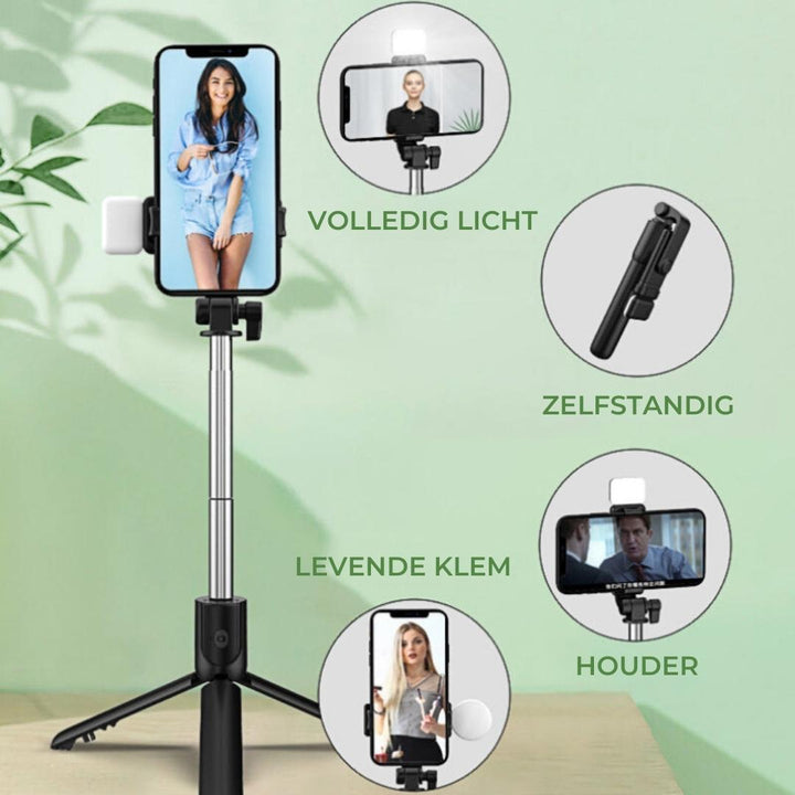 Selfie stick z wbudowanym statywem i odłączanym pilotem Bluetooth, dla smartfonów, wygodne robienie zdjęć.