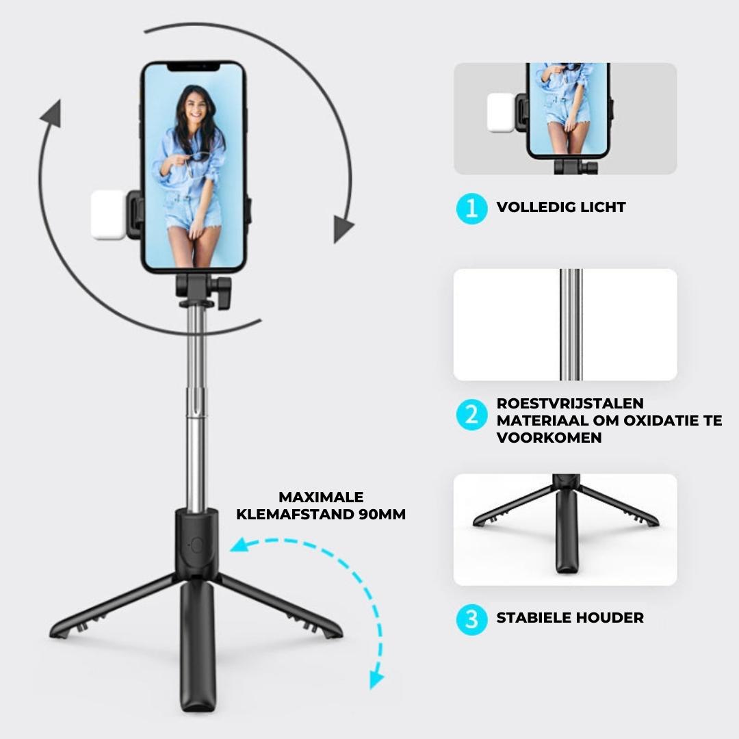 Kompaktowy selfie stick 2w1 ze statywem, bezprzewodowy pilot Bluetooth, do stabilnych zdjęć i filmów smartfonem.