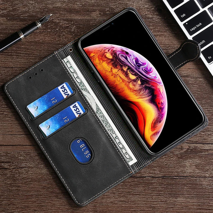 Zamknięte skórzane etui magnetyczne do iPhone'a, zapewniające elegancki wygląd i pełną ochronę.