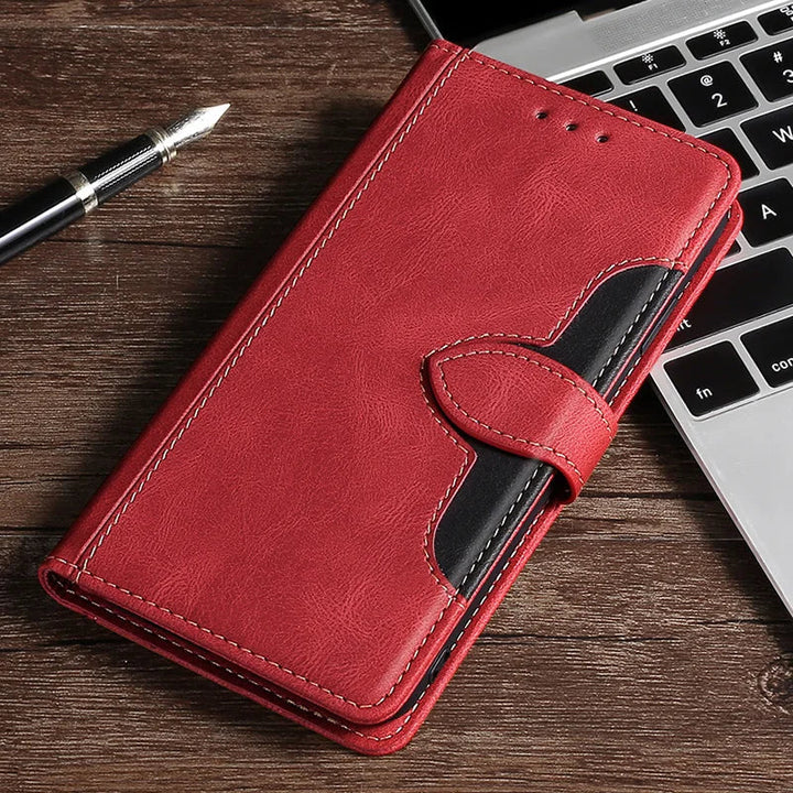 Zbliżenie na teksturę premium skórzanego etui-portfela magnetycznego dla iPhone'a. Wysoka jakość.