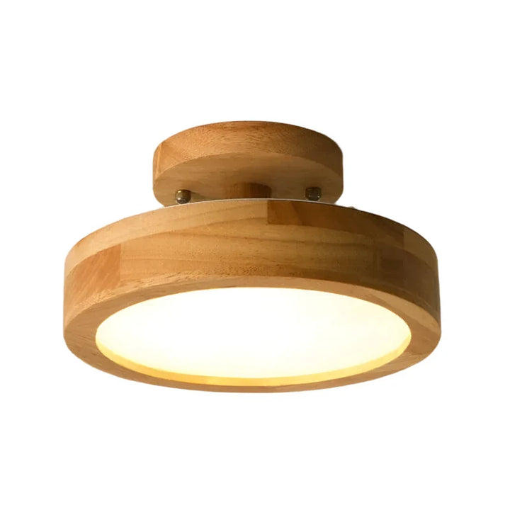 Skandynawska lampa sufitowa LED z okrągłym drewnianym akcentem. Nowoczesne oświetlenie do salonu.