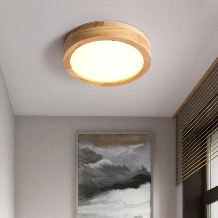 Designerska lampa sufitowa LED z drewnianym detalem. Minimalistyczne oświetlenie do nowoczesnych pomieszczeń.