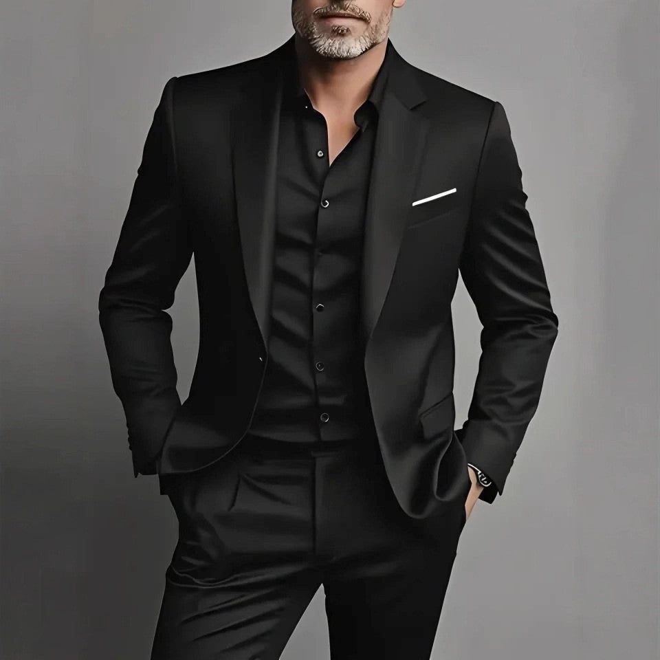 Elegancki garnitur męski slim fit w pełnej stylizacji wizytowej na uroczyste wyjścia i wesela