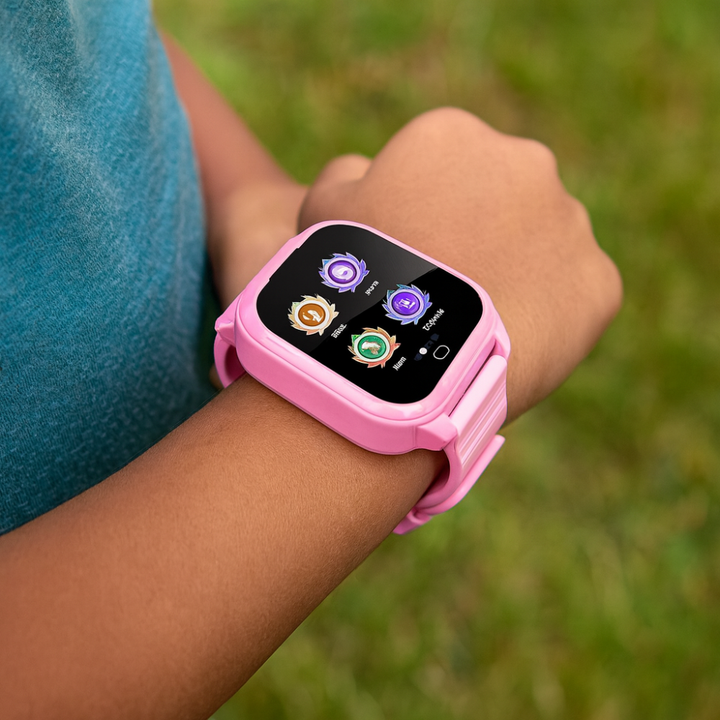 Smartwatch dla dzieci z trackerem aktywności, dotykowym ekranem i trwałym silikonowym paskiem.
