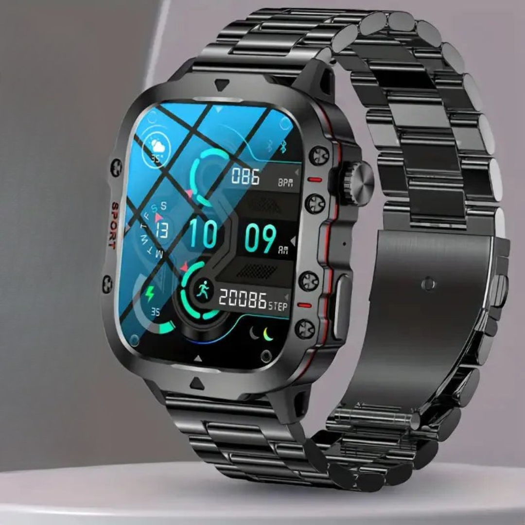 Beżowy smartwatch outdoorowy ze stali. Monitoruje zdrowie, aktywność i sport. Wodoodporny inteligentny zegarek.