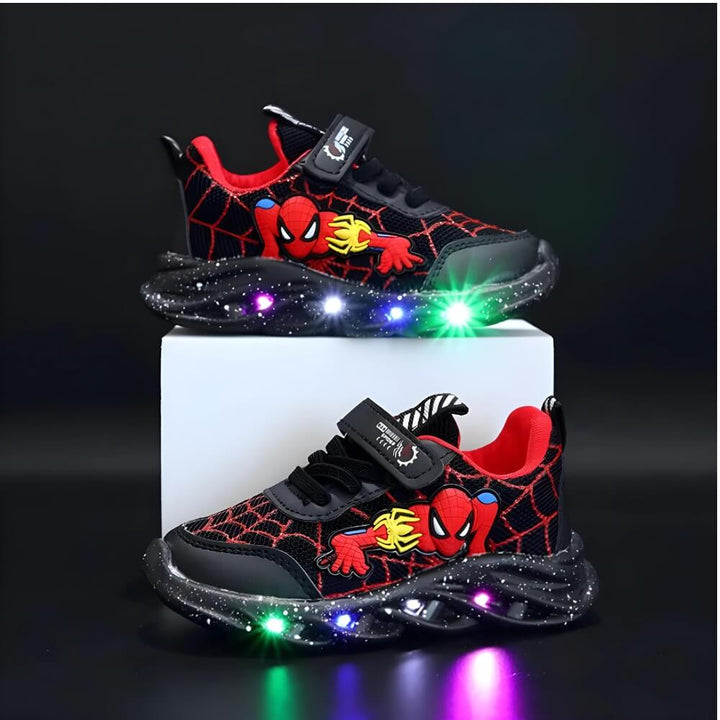 Carno-czerwone świecące sneakersy dziecięce z motywem superbohatera