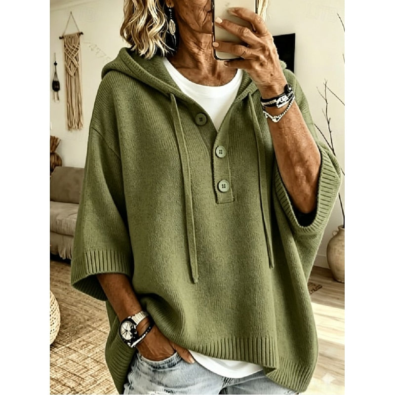 Beżowy sweter damski oversize z kapturem, widok z tyłu