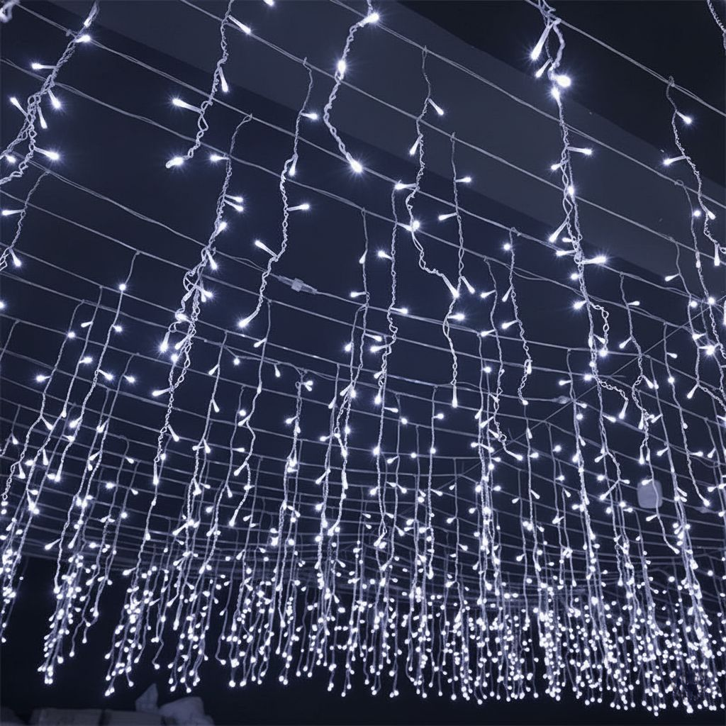 Kurtyna świetlna 50m LED sople, magia świąt na zewnątrz. Lampki choinkowe zewnętrzne, niskie napięcie.