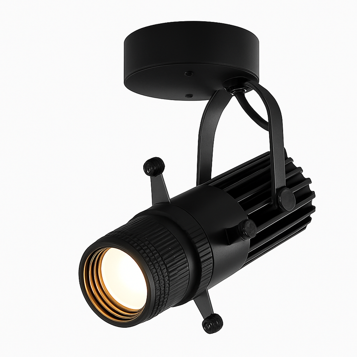 Czarny regulowany reflektor LED montowany na suficie z widoczną żarówką COB