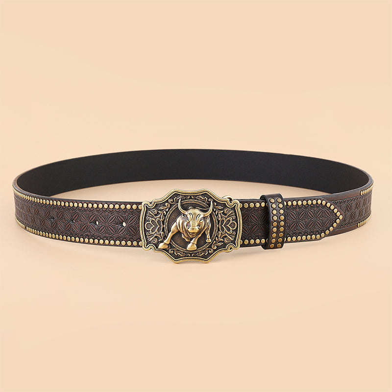 Męski pasek vintage w stylu western z ozdobną klamrą byka