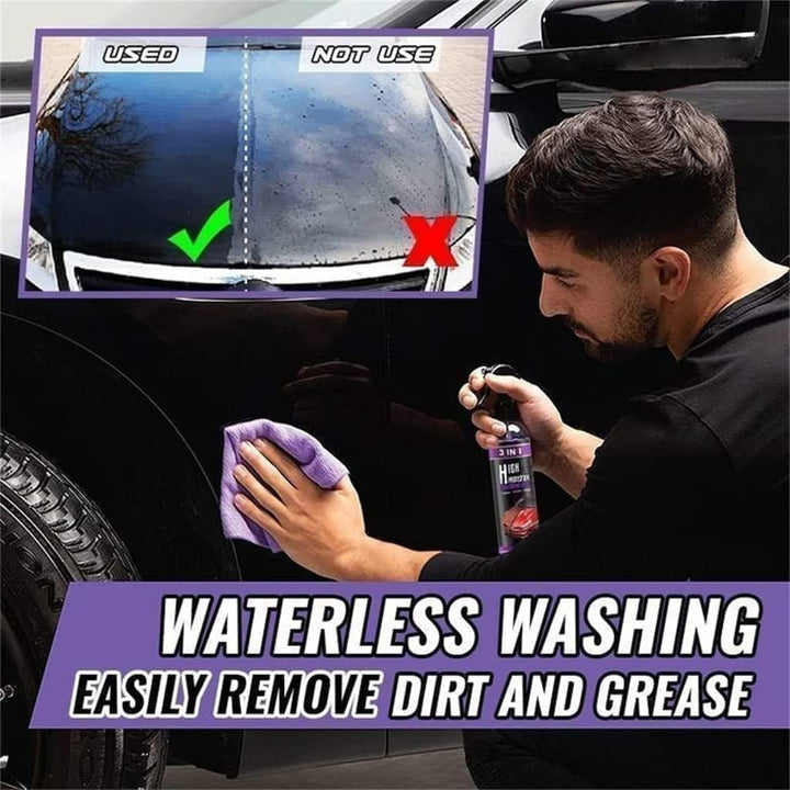 Produkt: spray do auta na rysy, ochronę i połysk, prezentowany jako niezbędny element auto detailingu i pielęgnacji.