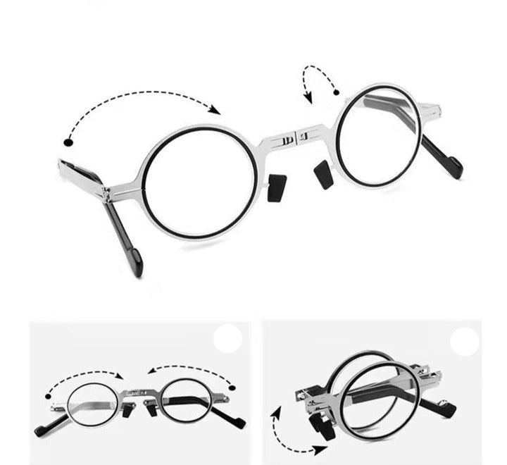 Unisex składane okulary do czytania ze srebrnymi oprawkami, widoczne otwarte. Idealne dla komfortowego czytania.
