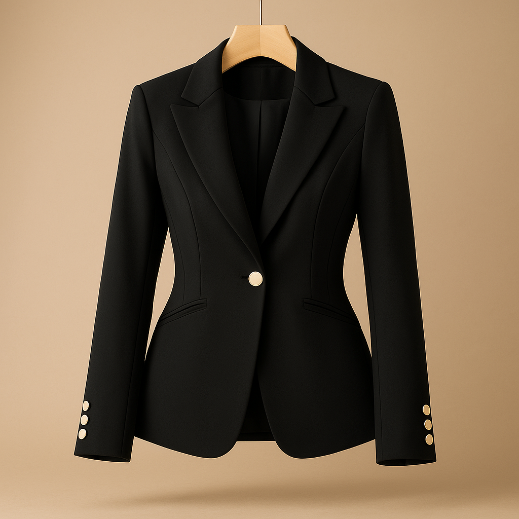 Czarna elegancka marynarka damska wisząca na wieszaku