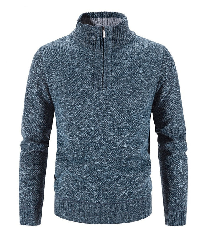 Męski niebieski sweter z dzianiny z krótkim zamkiem