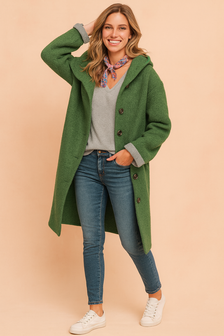 Stylowy damski płaszcz przejściowy na jesień z kapturem, idealny do casualowych i eleganckich stylizacji.