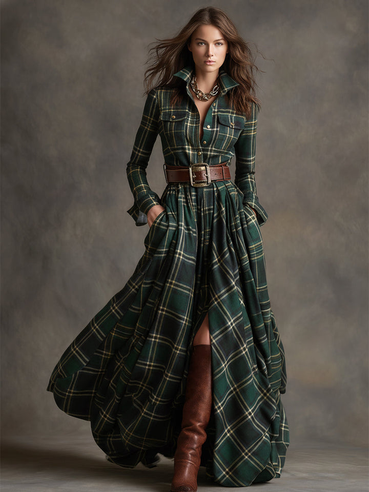 Elegancka sukienka maxi w stylu retro z kołnierzykiem