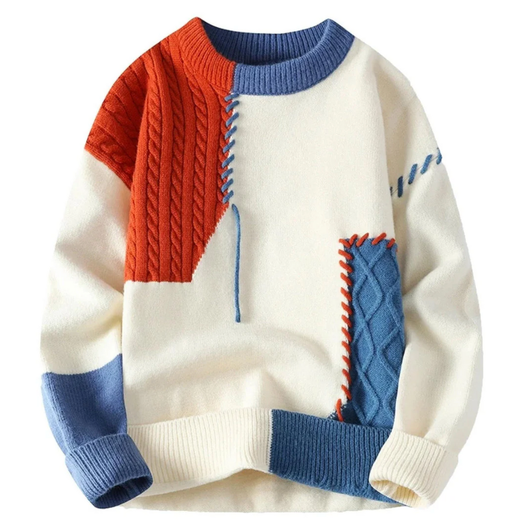 Sweter damski wełniany patchwork, ciepły i modny, idealny na zimę i jesień.