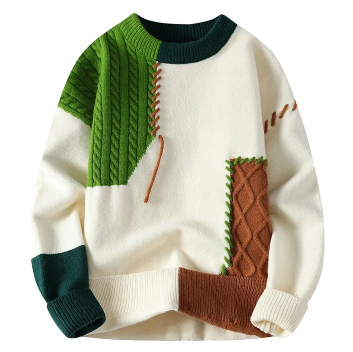 Ciepły sweter damski casual, patchworkowy z wełny, modna odzież jesienna/zimowa.