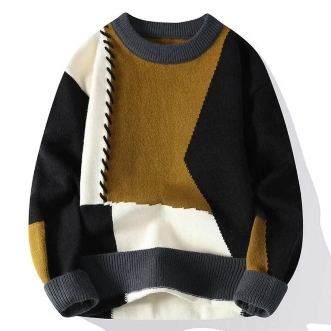 Sweter damski patchwork z wełny, detal tkaniny, unikalny design, jesienny styl.