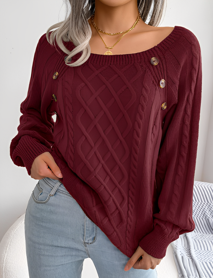 Sweter damski z rzędem guzików, elegancki i casualowy. Idealny na jesienne dni. Modna odzież.