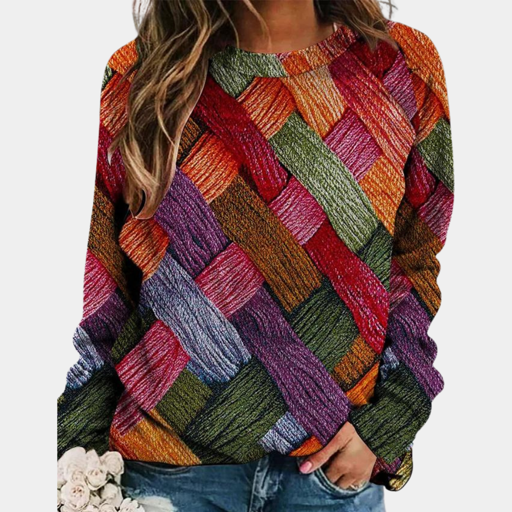 Sweter damski zimowy z kolorowym nadrukiem, idealny na co dzień i na każdą stylizację.