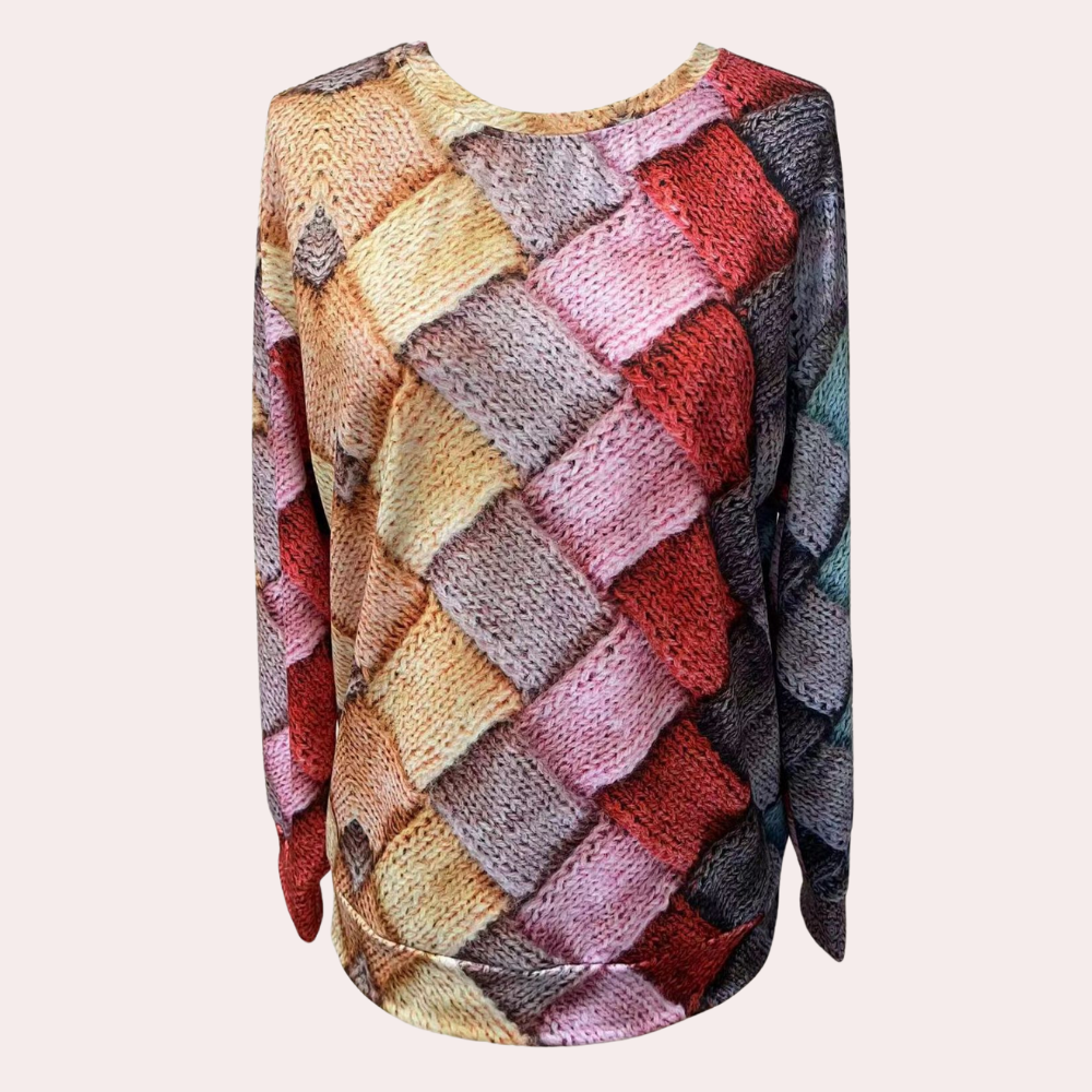 Wygodny sweter damski z kolorowym nadrukiem, idealny do jesiennych i zimowych stylizacji.