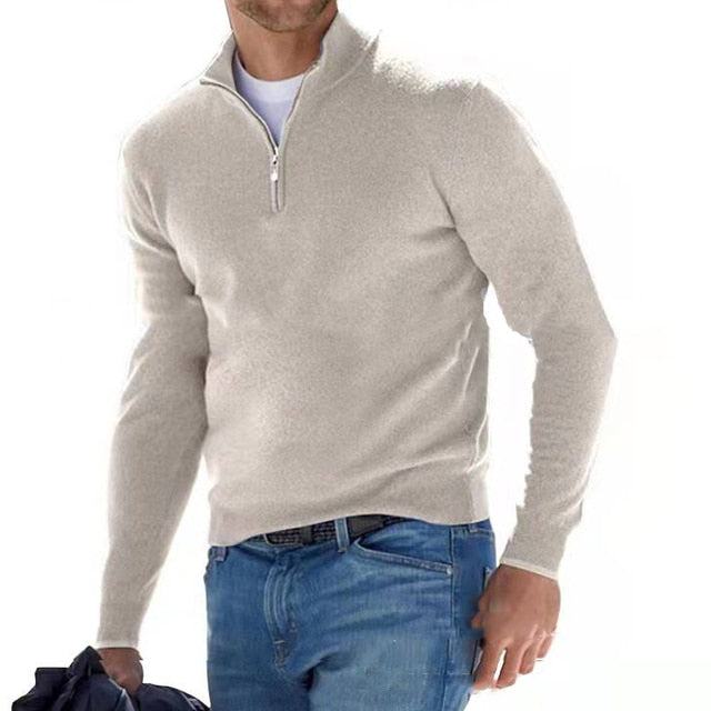Wygodny sweter męski z zamkiem i dekoltem w serek, modny element garderoby