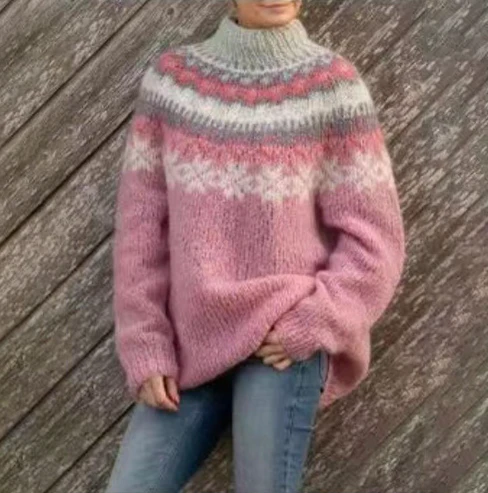 Ciepły damski sweter norweski w zimowe wzory, gruby sweter zimowy casual