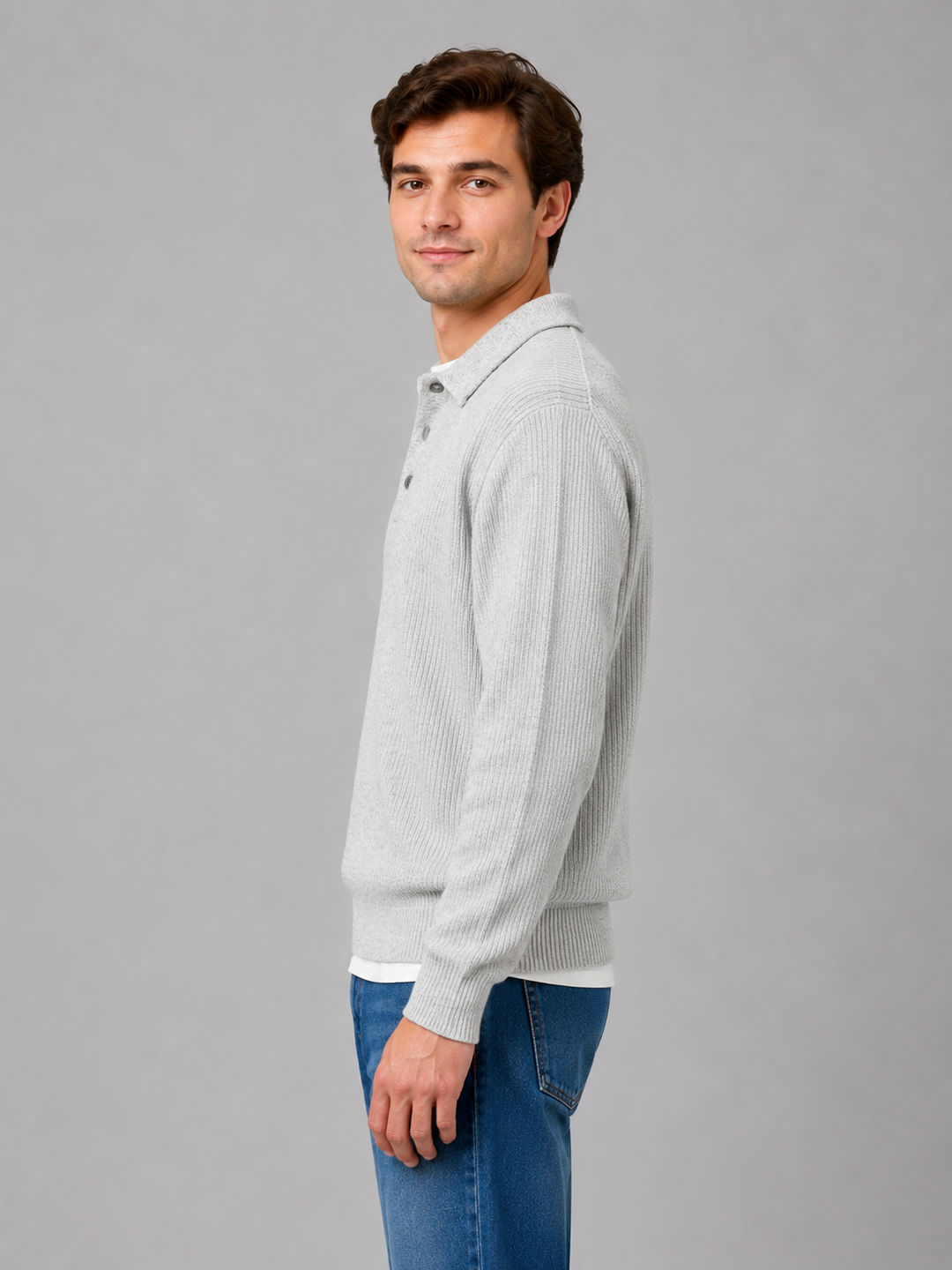Modny męski sweter polo w odcieniu beżowym, lekka odzież męska z kołnierzykiem