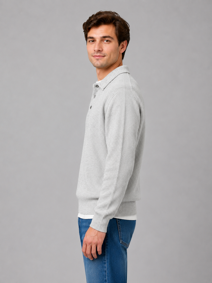 Modny męski sweter polo w odcieniu beżowym, lekka odzież męska z kołnierzykiem