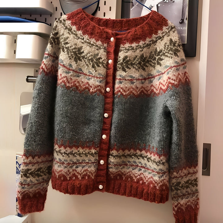 Elegancki, szary damski kardigan z etnicznym wzorem. Luźny sweter w stylu boho na jesień/zimę.