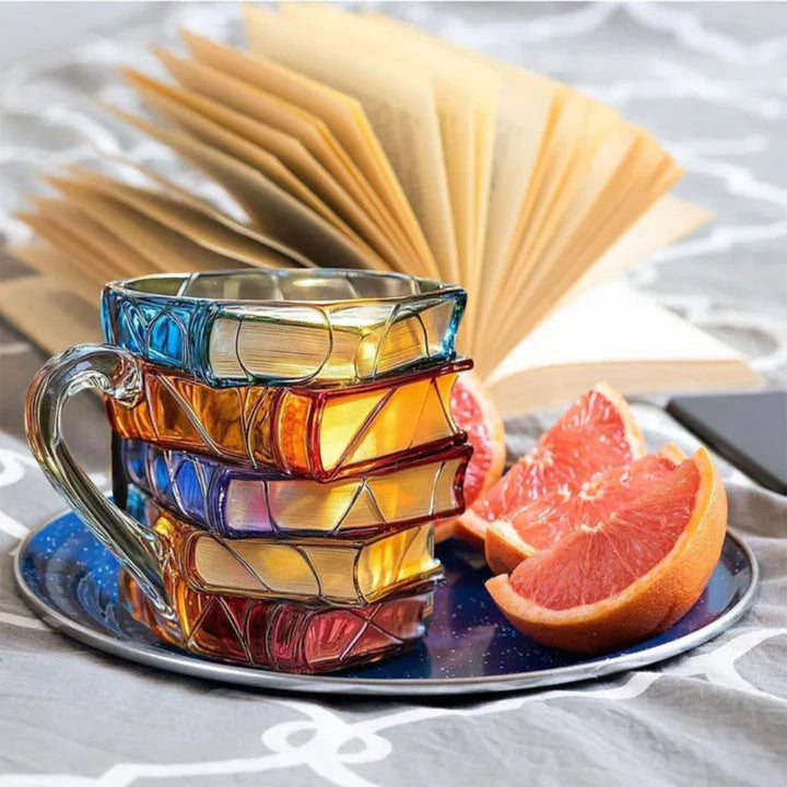 Elegancki szklany kubek z motywem książek 3D, idealny prezent dla każdego czytelnika i bibliofila.